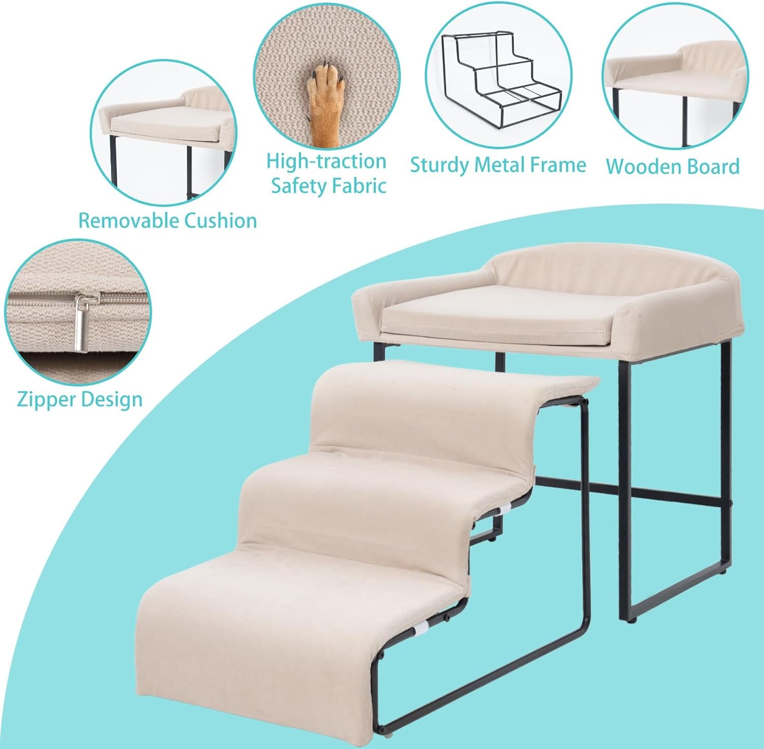 Dog Window Perch with Stairs,Pet Steps for Small Dogs &Cat,Pet Bunk Bed Dog Steps with Seat Elevated Platform Bed Indoor Dogs Ramp Ladder with Foam Upholstery
