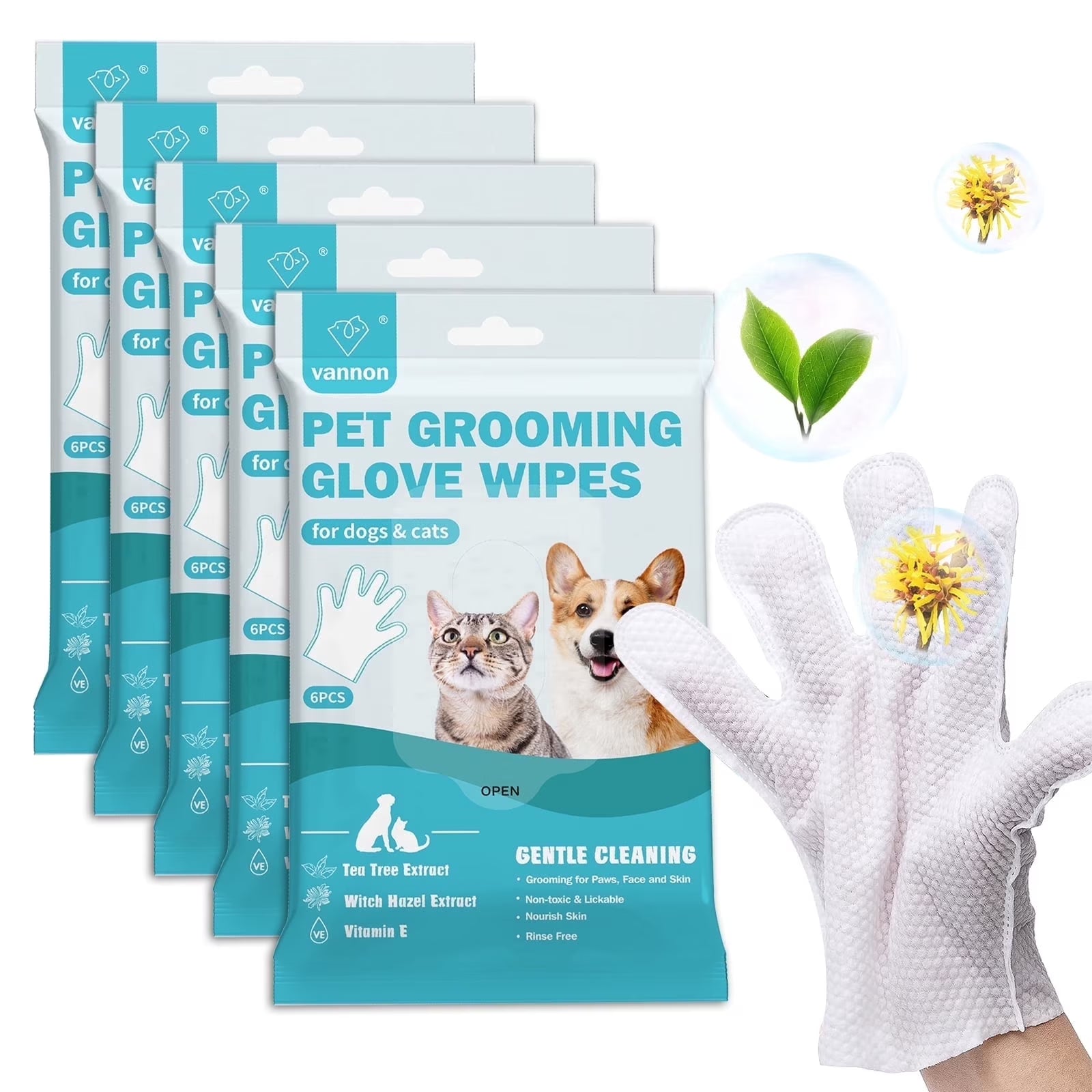 Pet Glove Wipes for Dogs & Cats, Extra Thick Rinse Free Dog Wipes, Unscented, 5 Pack, 30 PCS