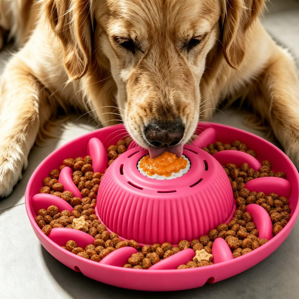 Slow Feeder Dog Bowls 2 in 1 Liquid Treat Dog Lick Mat Cat Bowl – anti Slip 5‑Cup Large Capacity Liquid and Kibble Food Treat Dispenser for Slowing down Eating for Large Medium Small Dogs (Black)