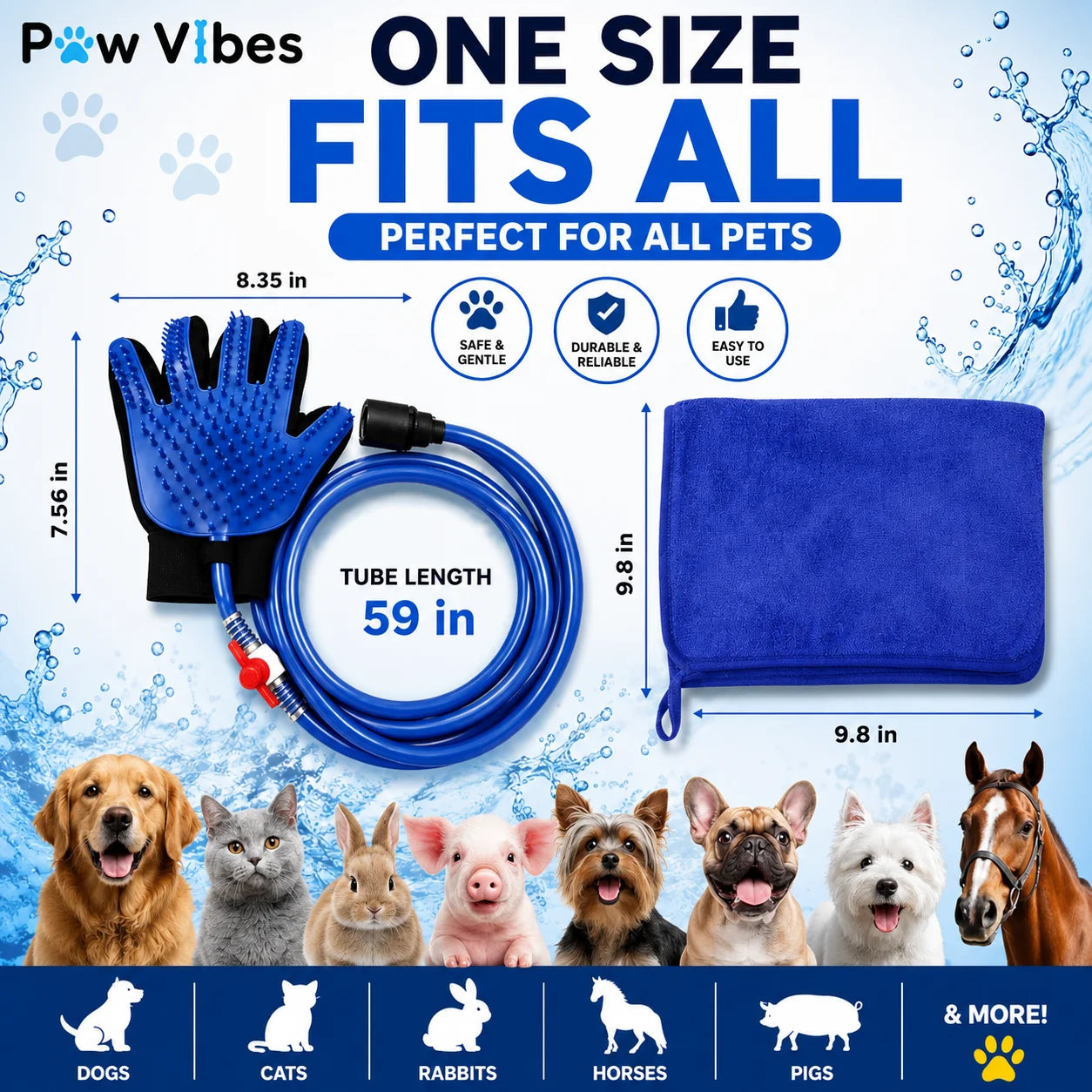 Bathing Hose Glove for Dogs, Cats & Other Pets with Superior Quality Towel