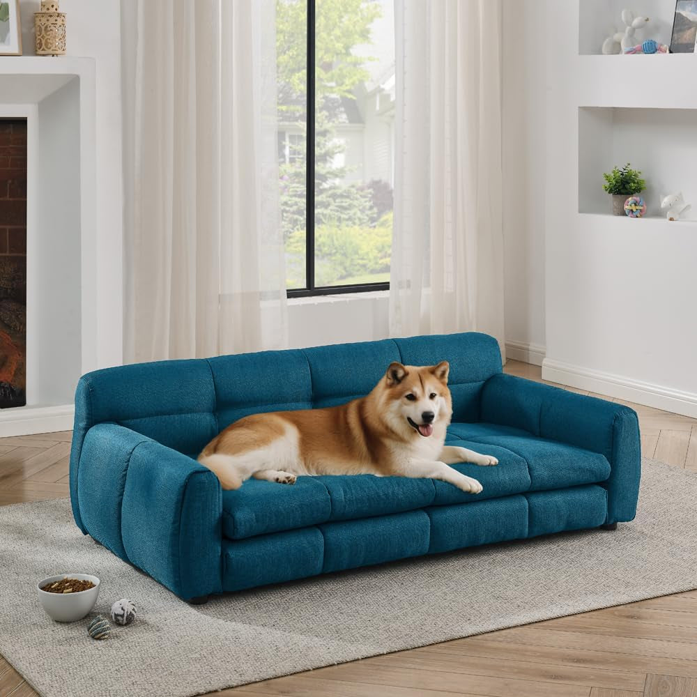51" Pet Bed Dog Sofa,Upholstered Dog Couch for Medium and Large Dogs,Breathable & Comfortable Pet Bed,Elegant Rectangle Couch with Backrest and Armrests,For Pets,Linen Fabric,Beige