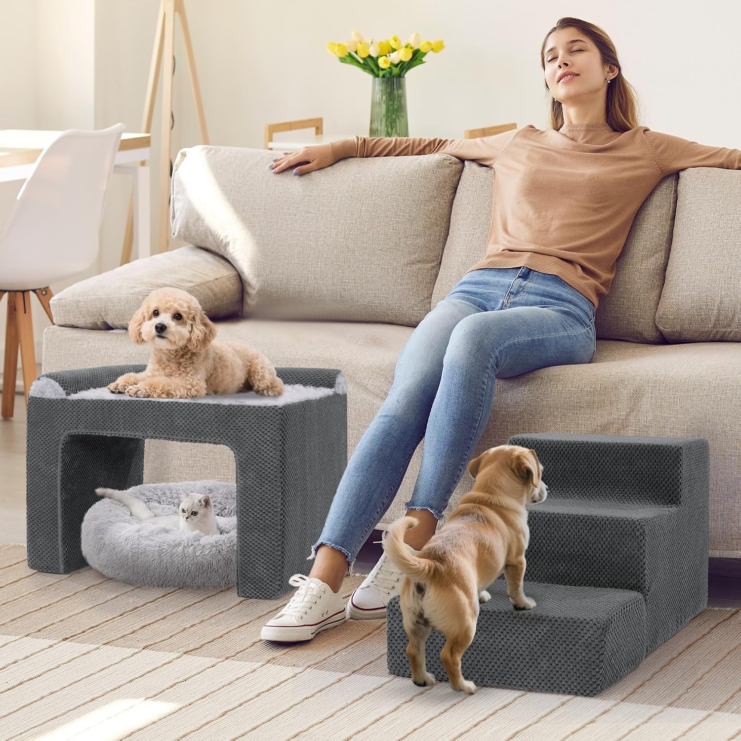 Stable Foam Dog Window Perch & Orthopedic Bed with Reinforced Metal Frame for Long-Lasting Support, Pet Bunk Bed for Dogs, Joint Relief & Window Viewing (Height 15.7")