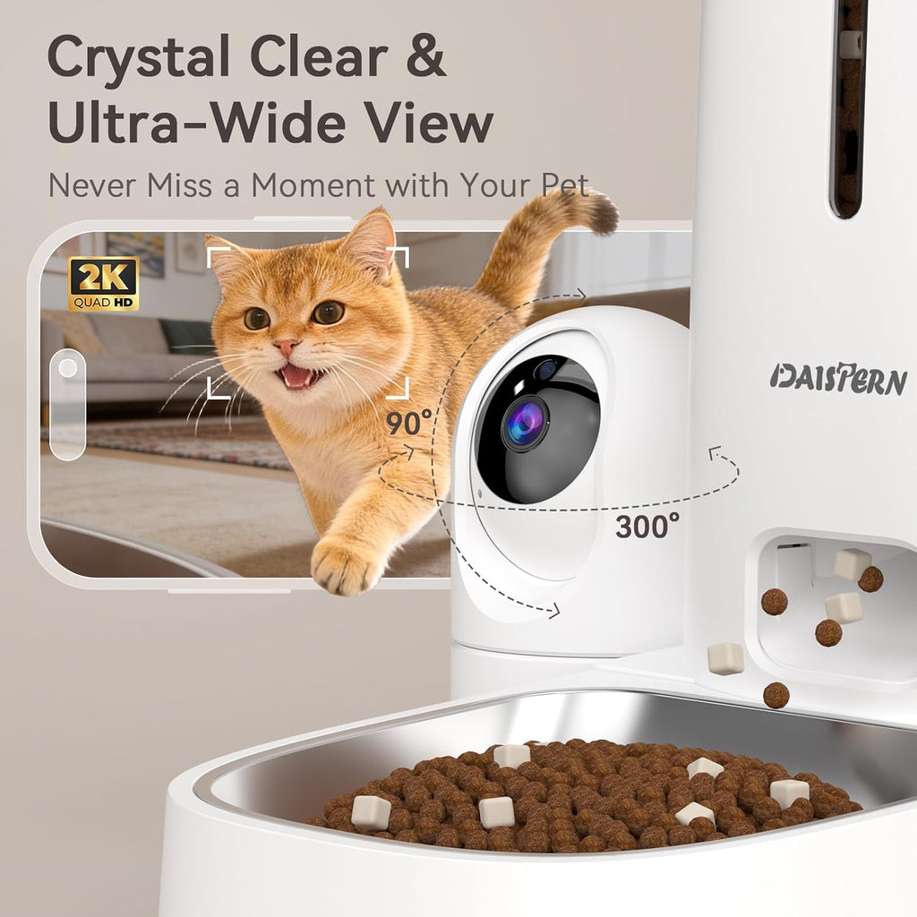 Automatic Cat Dog Feeder with Camera 4L, 2.4G/5G Wifi Smart Pet Food Dispenser with Night Vision, 2-Way Audio, Meat Call and Motion Alert, Stainless Steel Bowl, Dual Power Support, AI Feature
