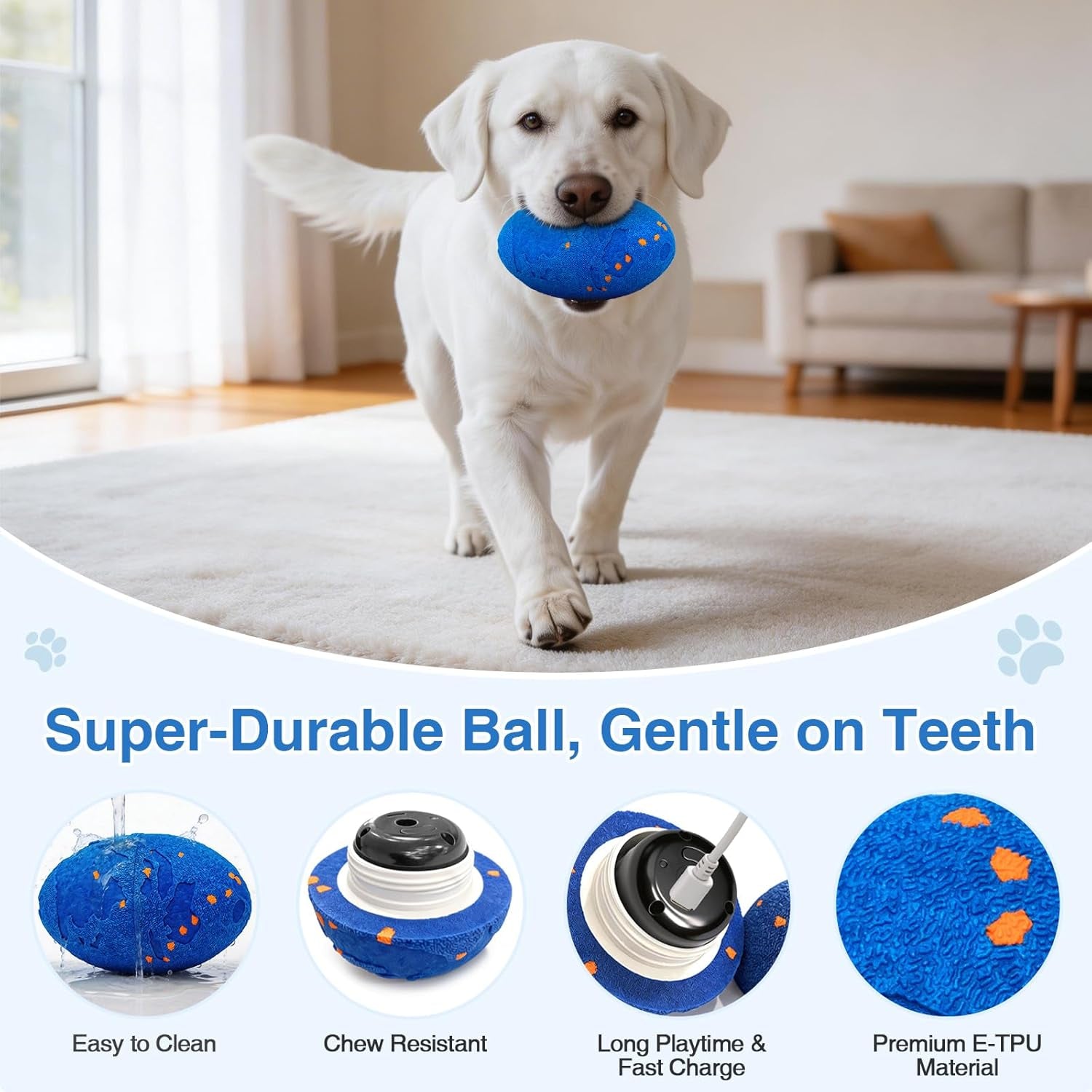 Interactive Dog Toy Balls, Pet Ball Toys Automatic Moving Bouncing and Rotating, Solid E-TPU Material, IPX7 Waterproof Active Rolling Balls for Small, Medium and Large Dogs(Vbleu)
