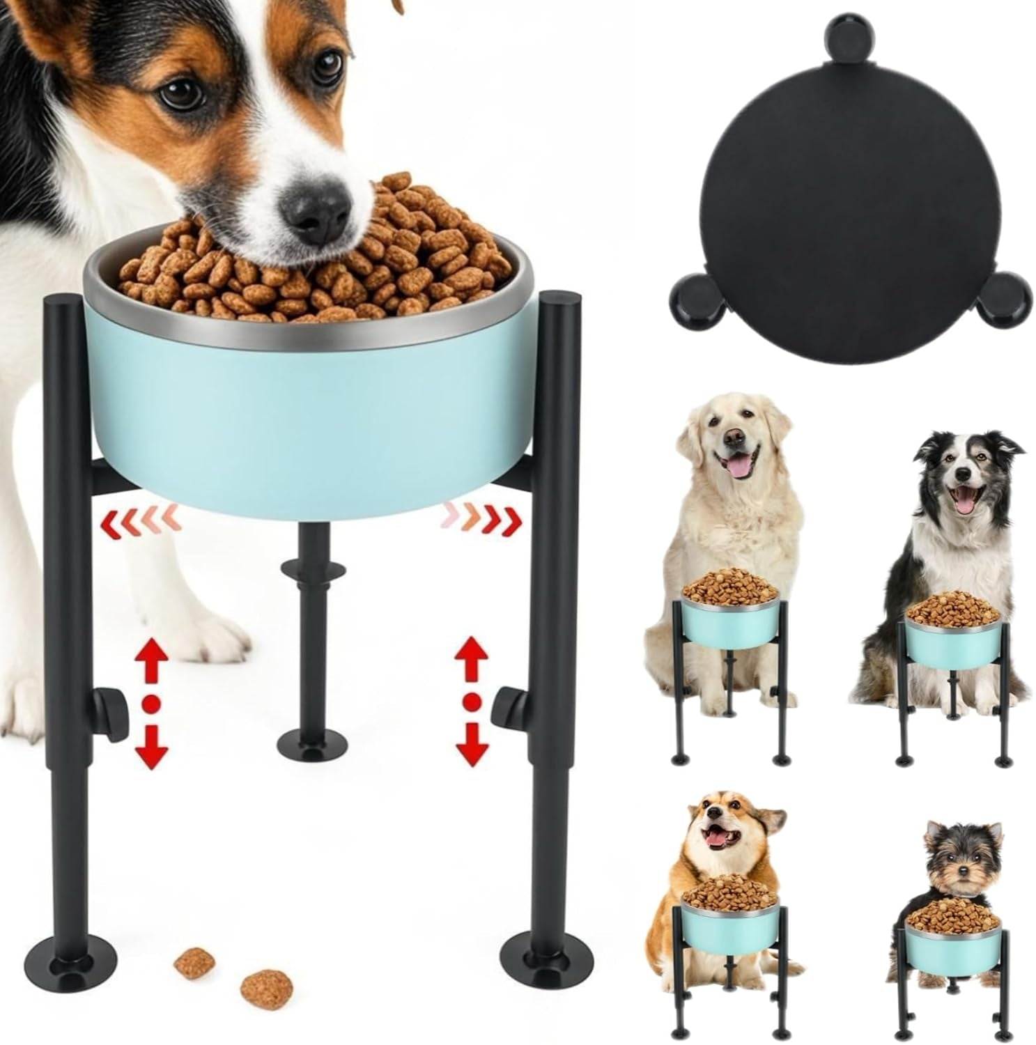 Elevated Dog Bowl Stand, Fits 6-10In Bowls Raised Dog Bowls Holder, 4 Height Adjustable Dog Food Water Feeder Pet Feeding Stand for Large Medium Small Breeds, Black