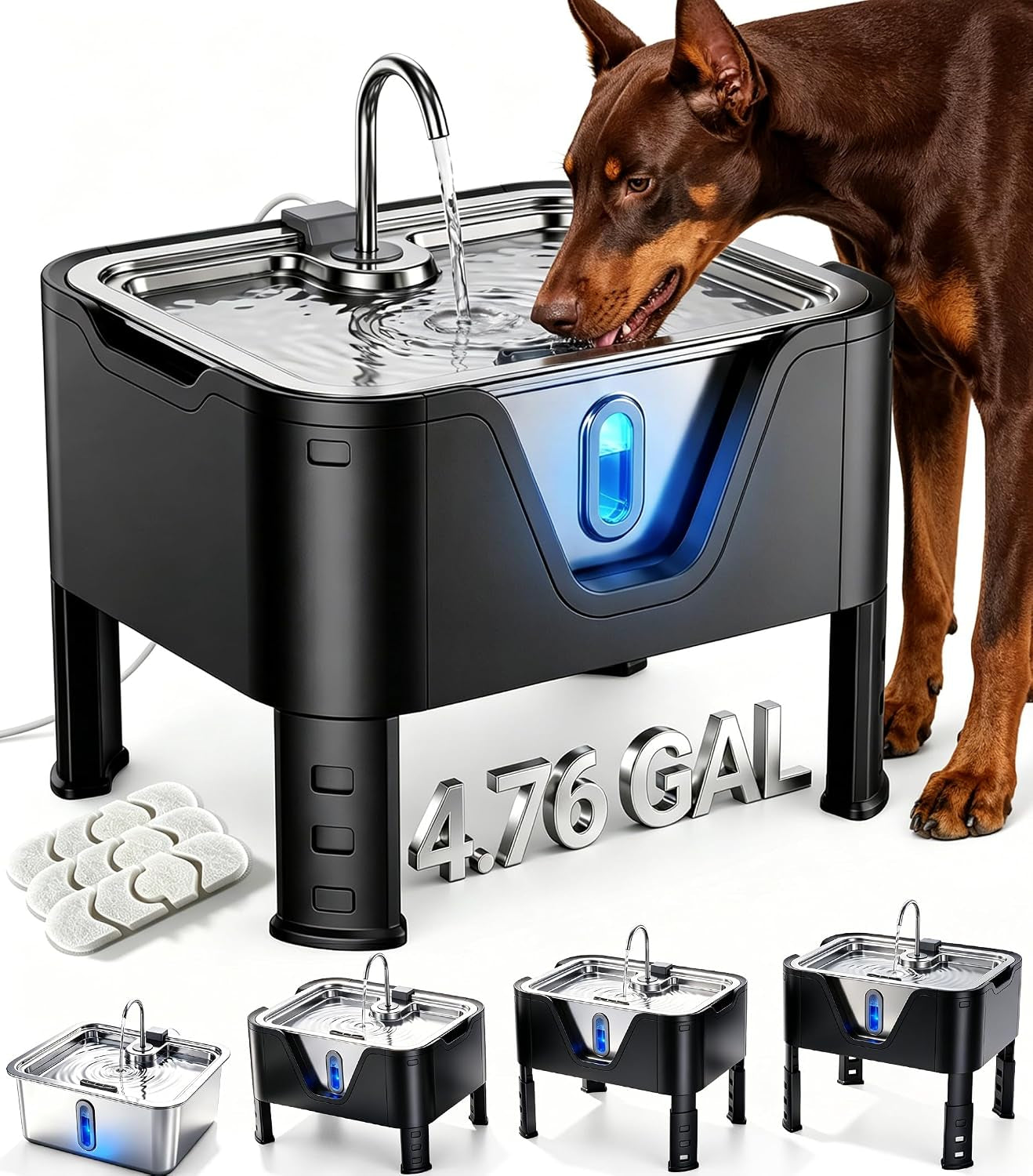 4.75Gal/ 18L Large Dog Water Fountain Elevated Dog Water Bowl & 3 Filters | 3-Height Adjustable Dog Water Bowl Dispenser, Quiet Stainless Steel Pet Water Fountain for Giant Breeds, Water Level Alert