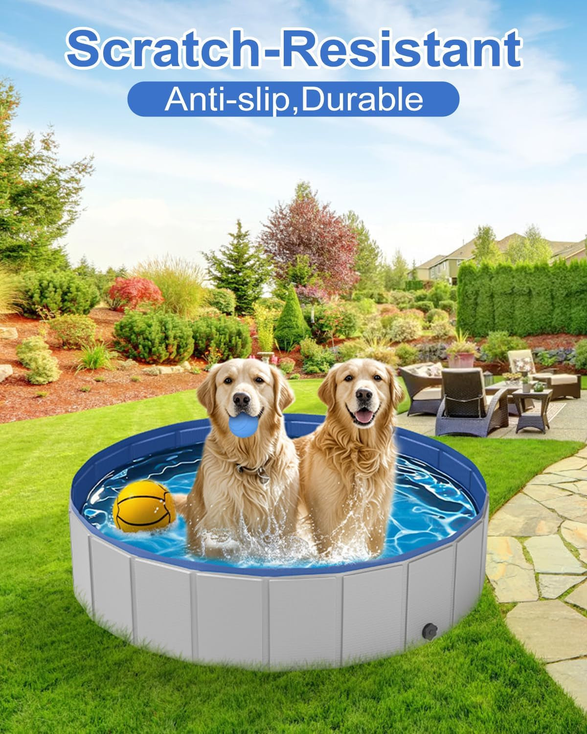 Dog Pool for Large Dogs, Foldable Plastic Pool for Dogs Slip-Resistant (XL - 63'' X 12'')