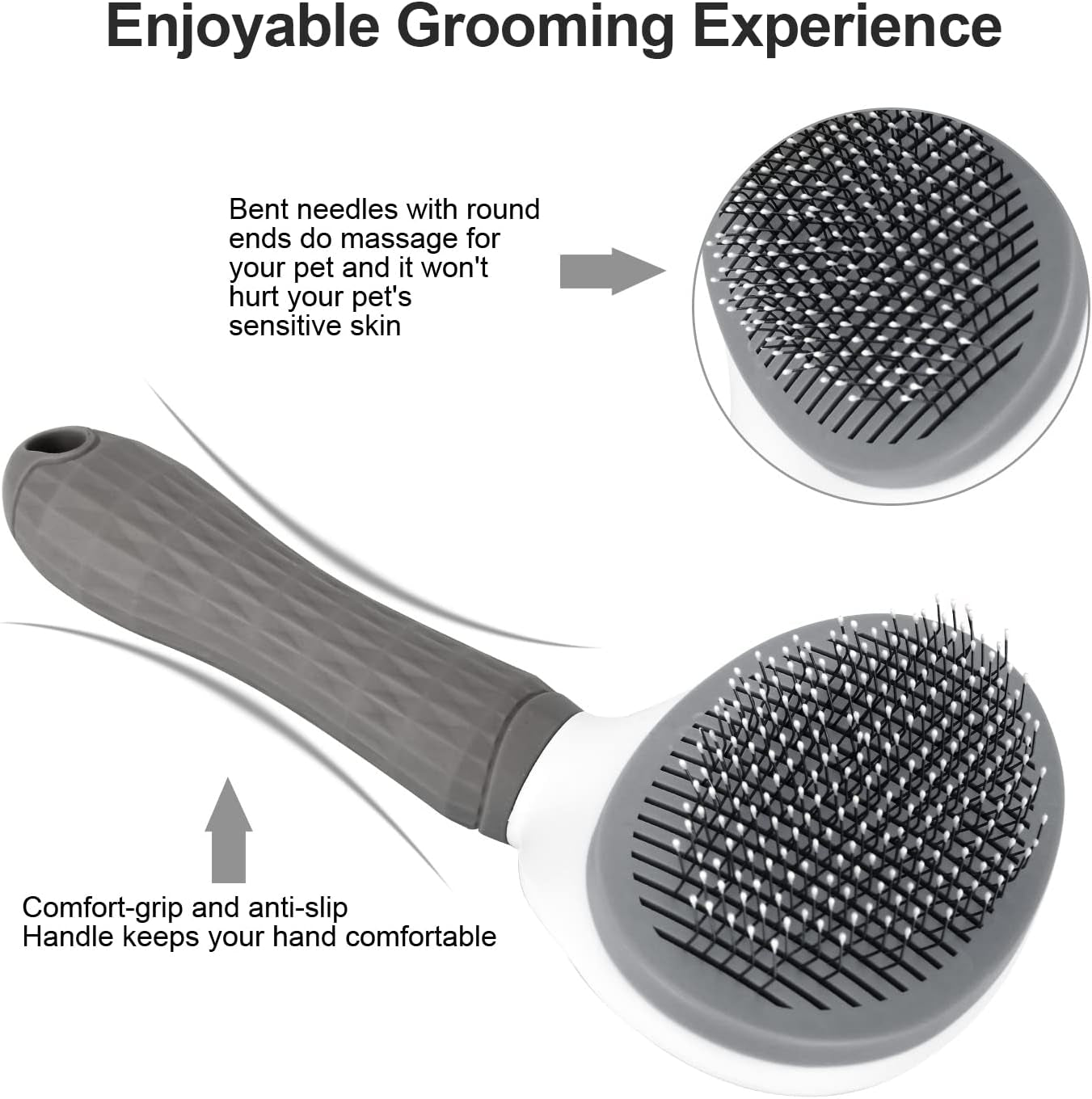 Cat Brush for Shedding, Skin Friendly Self-Clean Dog Slicker Brush | Removes Loose Undercoat, for Dogs Cats Rabbits Long & Short Hair, Pet Grooming Tool with Rounded Tips, Ergonomic Handle, Gray