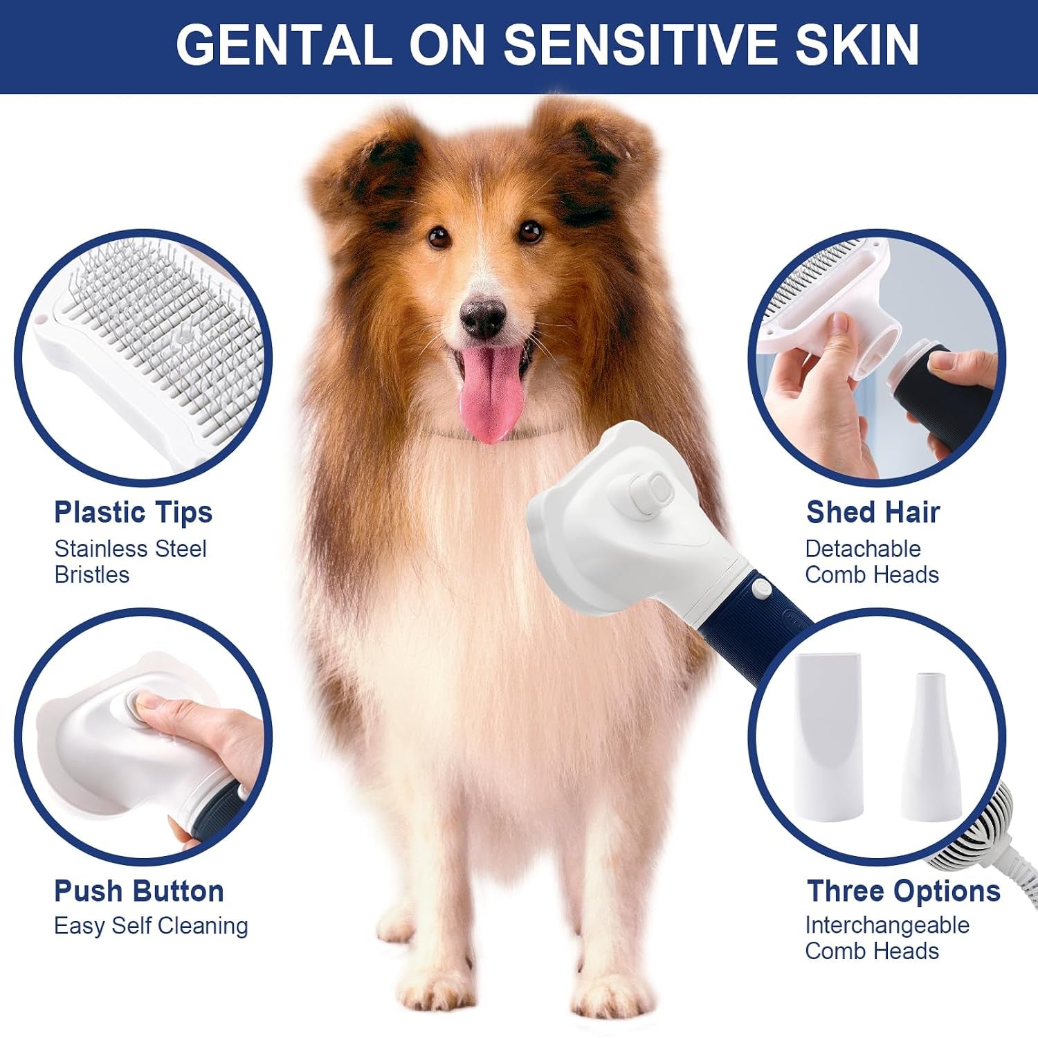 3-In-1 Pet Hair Dryer & Slicker Brush for Dogs & Cats – Portable, Professional, Adjustable Temp, Overheat Protection Dog Hair Dryer (Blue)