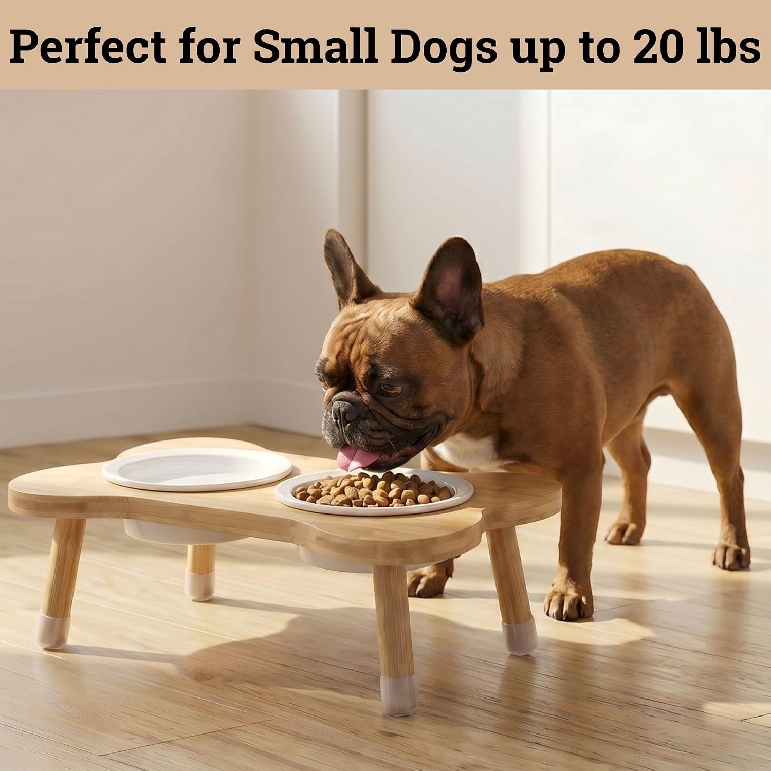 Elevated Dog Bowls for Small Dogs, Set of 2 Ceramic Dog Bowls with Stand | Screw-In Bamboo Legs, Pre-Drilled Holes, Anti-Slip Bamboo Stand, Easy to Assemble, Set of 2 Dog Bowls for Dogs up to 20 Lbs