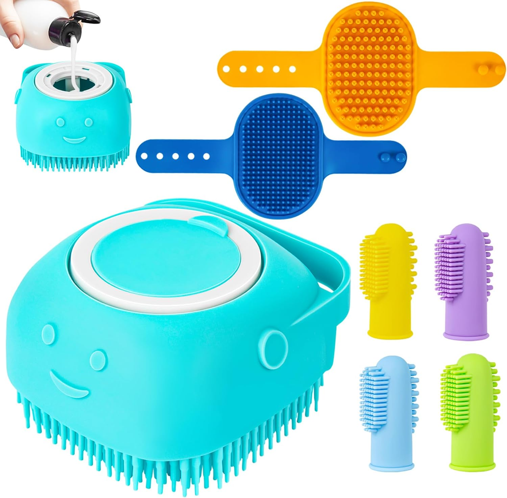 Set of colorful silicone scrubbers with a blue container for liquid on a white background