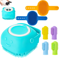 Set of colorful silicone scrubbers with a blue container for liquid on a white background
