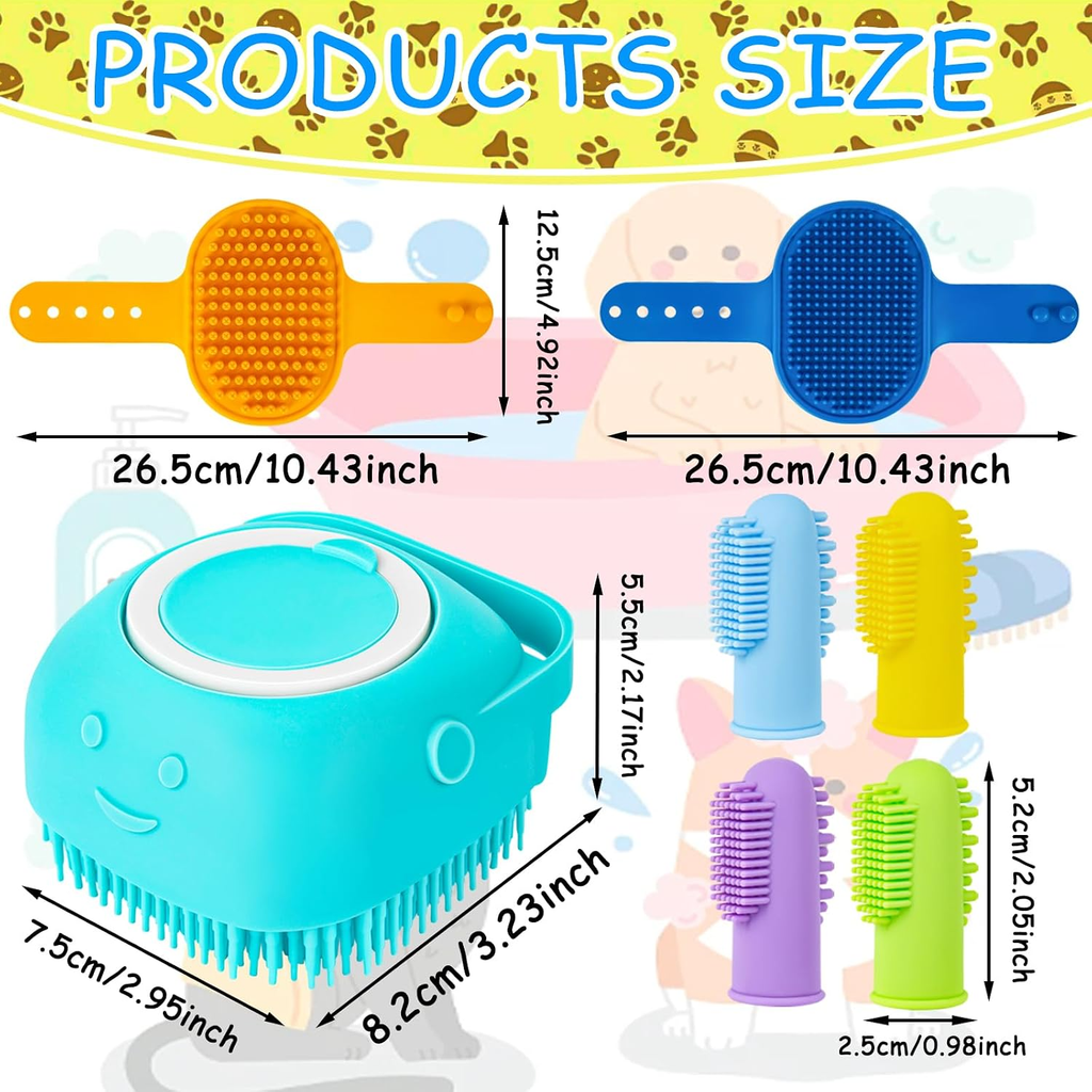 Product size diagram showing a pet grooming brush and several brush attachment heads with labeled dimensions and measurements on a pastel background.