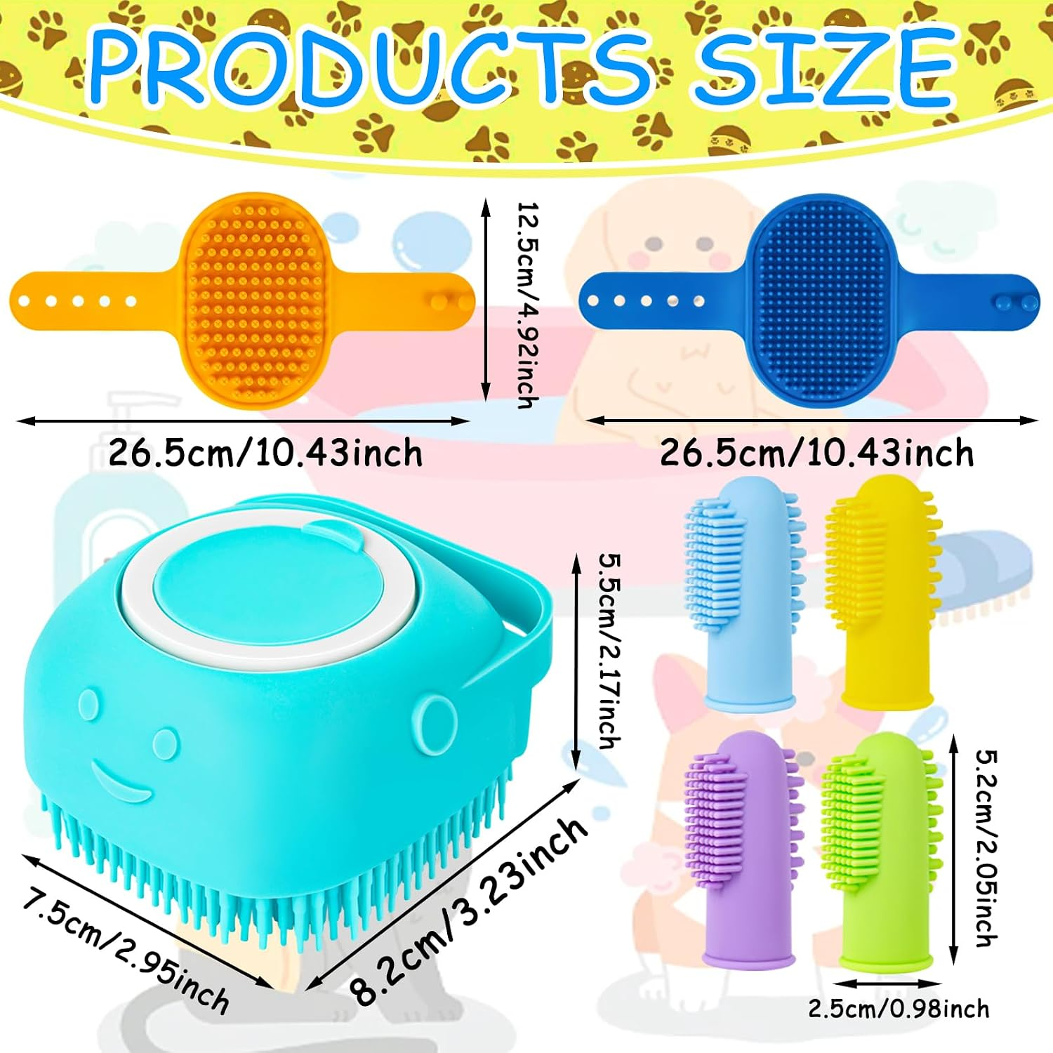 Product size diagram showing a pet grooming brush and several brush attachment heads with labeled dimensions and measurements on a pastel background.