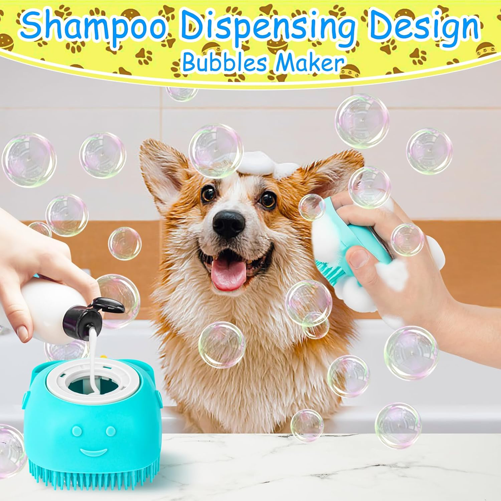 Dog being bathed with a shampoo dispensing design bubbles maker, surrounded by bubbles.
