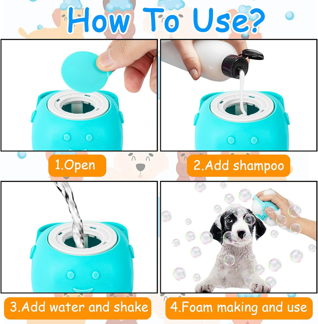 A four-panel how-to-use infographic for a small turquoise pet shampoo bottle. The panels show a hand opening the lid, adding shampoo, adding water and shaking, and a dog being foamed with the product.