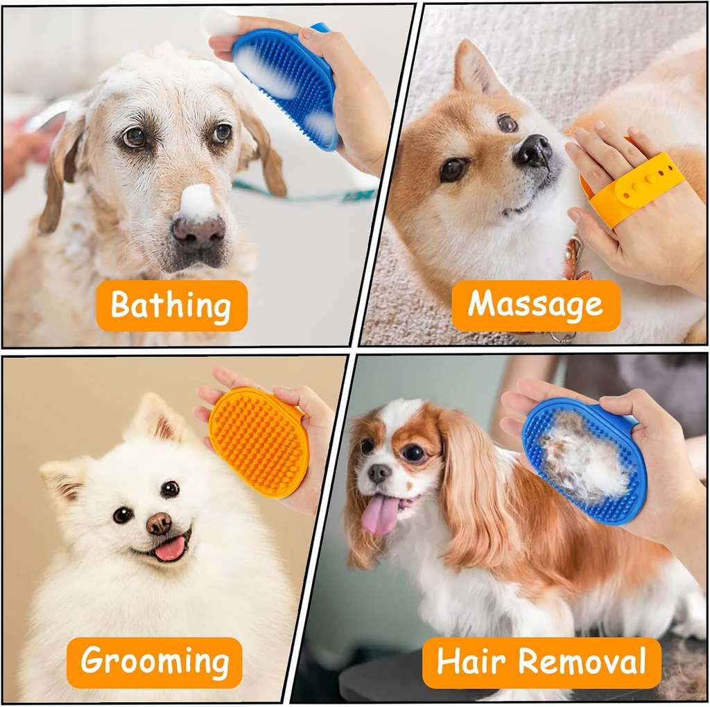 Collage of dogs being bathed, massaged, groomed, and hair removed with grooming tools.