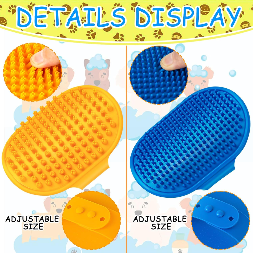Two adjustable size pet grooming brushes, one orange and one blue, with cartoon animals and bubbles in the background.