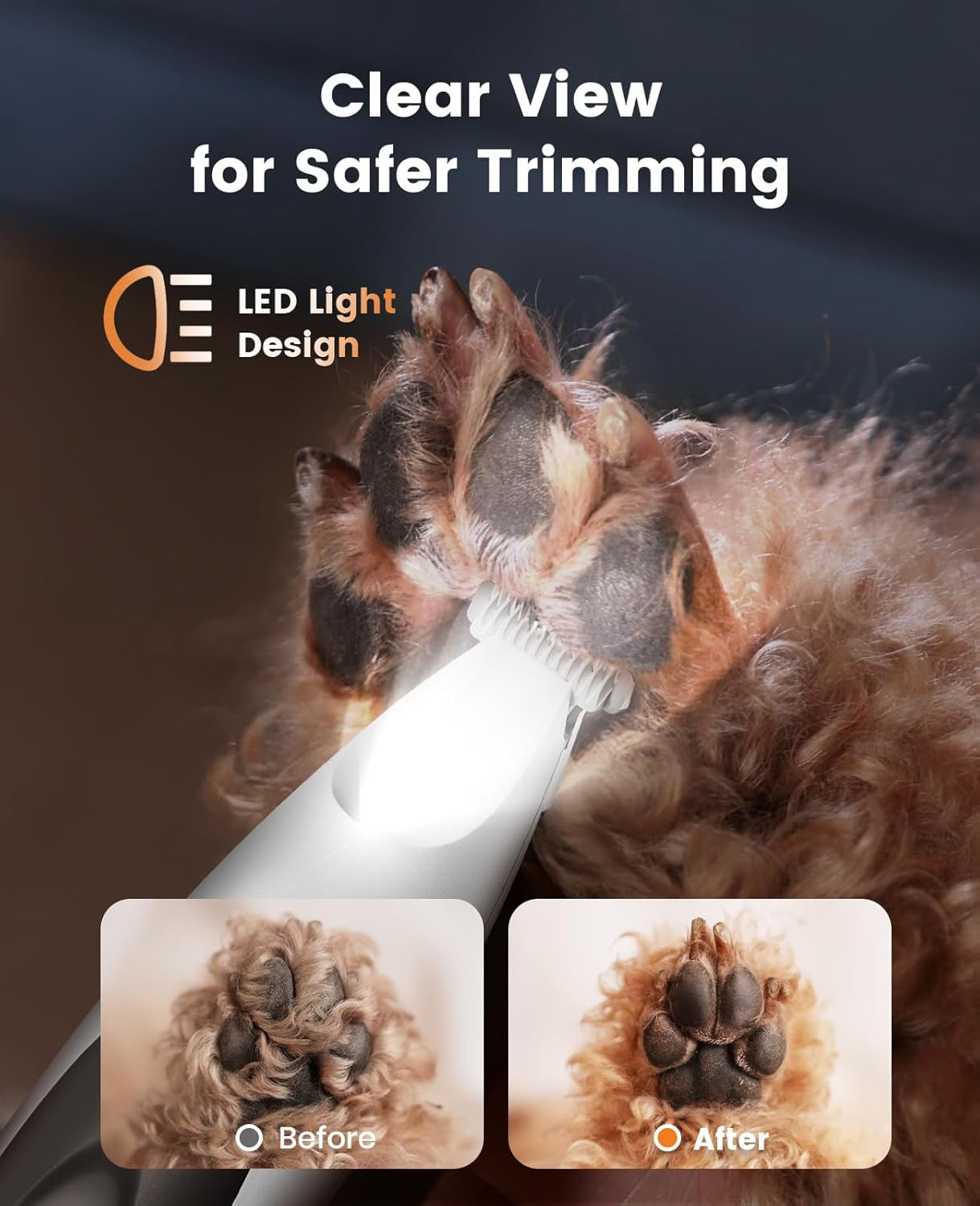 Low-Noise Dog Paw Trimmer with LED Light | 35Db Quiet, 0.8Inch Safe Blade for Paws, Ears, Face & Rump, Cordless, Pet Paw Grooming Clippers for Dogs & Cats