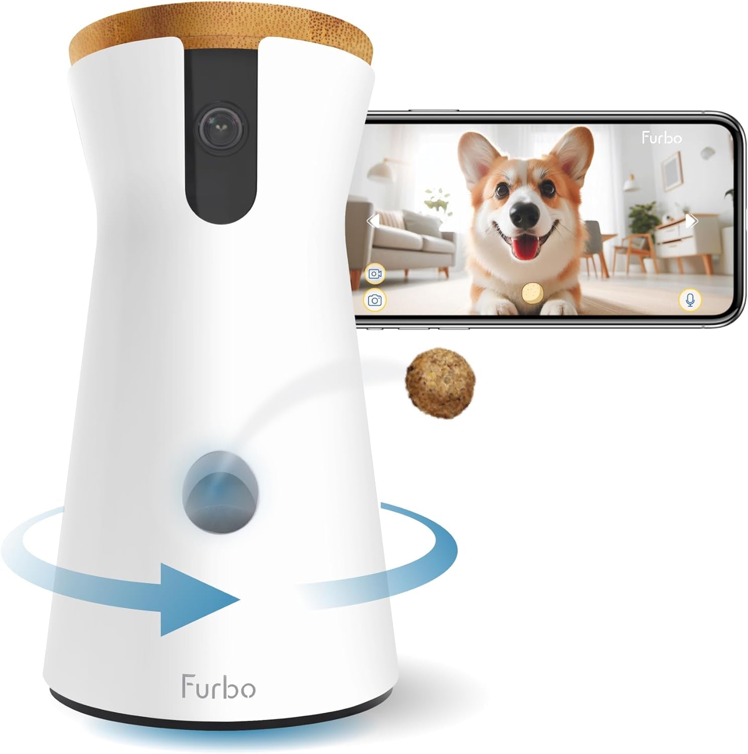360° Dog Camera: Basic See, Talk & Toss Features, No AI Alerts, No Subscription Required, Pet Security Cam W/Barking Alerts, Rotating View, Treat Toss, 2-Way Audio, Smart Home Puppy Monitoring