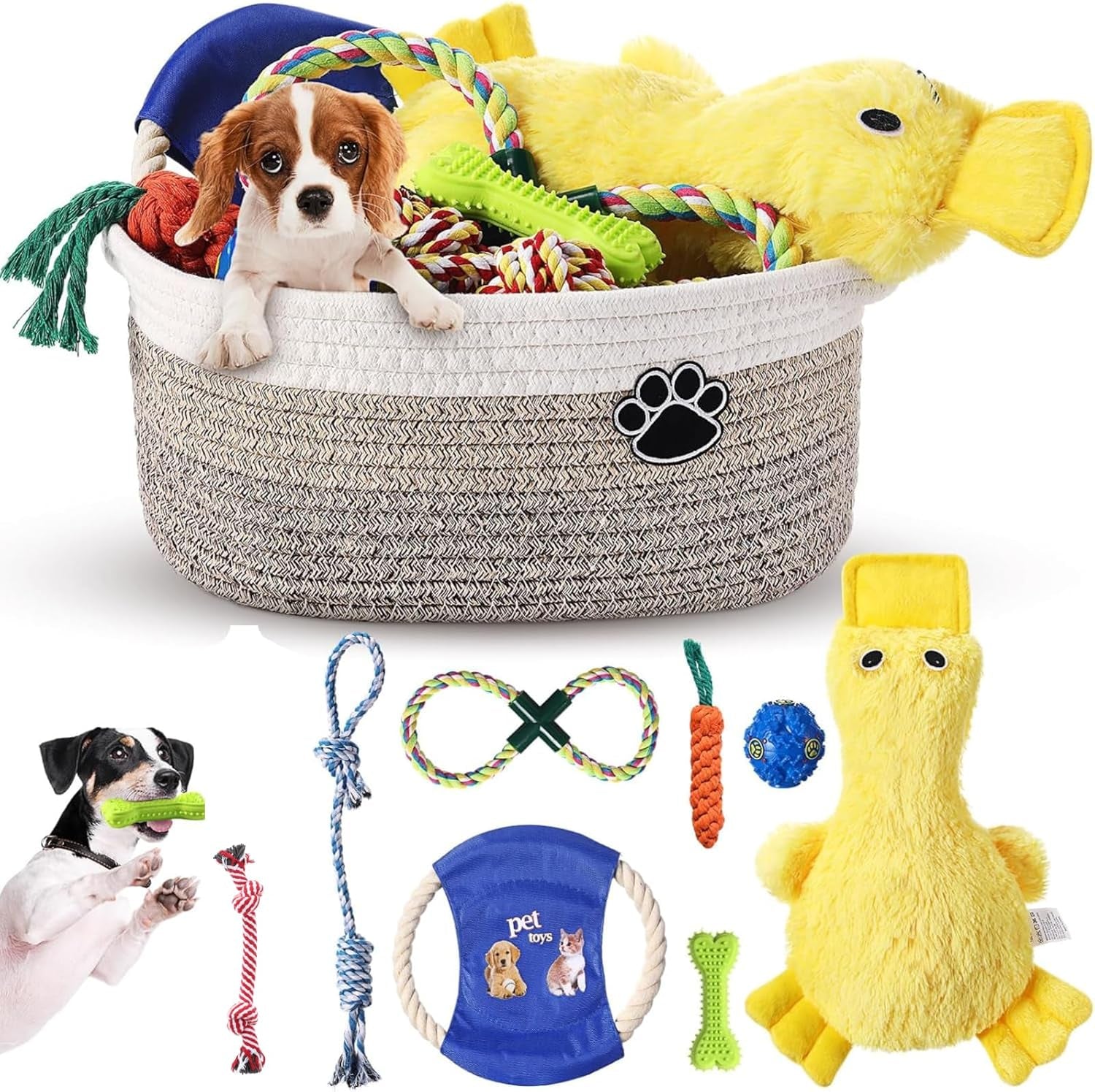 Puppy Dog Toy Gift Storage Basket with Dog Toys Set Chew Toys Birthday Gift Basket Teething Interactive Squeaky Duck for Teething Small Medium Large Dogs(Pink)