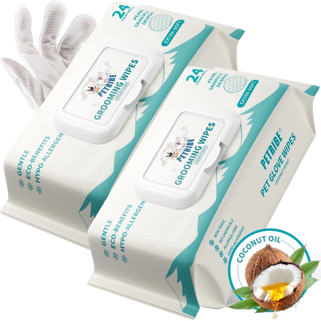 Dog Wipes Cleaning Deodorizing Glove Wipes for Dogs & Cats, 48 Pcs, Coconut Scent, Hypoallergenic Hydrating & Nourish Fur Pet Grooming Glove Wipes, Daily Care & Traveling