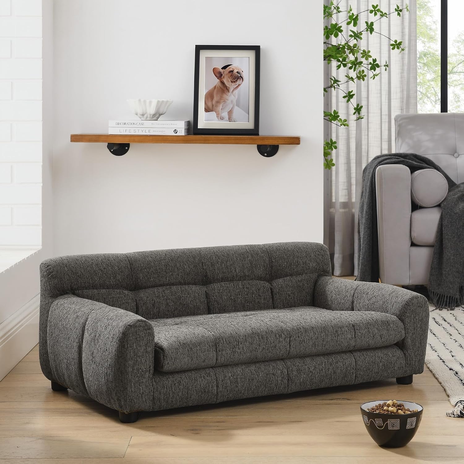 38" Dog Couch, Comfortable Dog Sofa Bed with Backrest and Armrests for Medium and Large Dogs, Linen Cozy Soft Cushion Pet Bed,Dark Gray