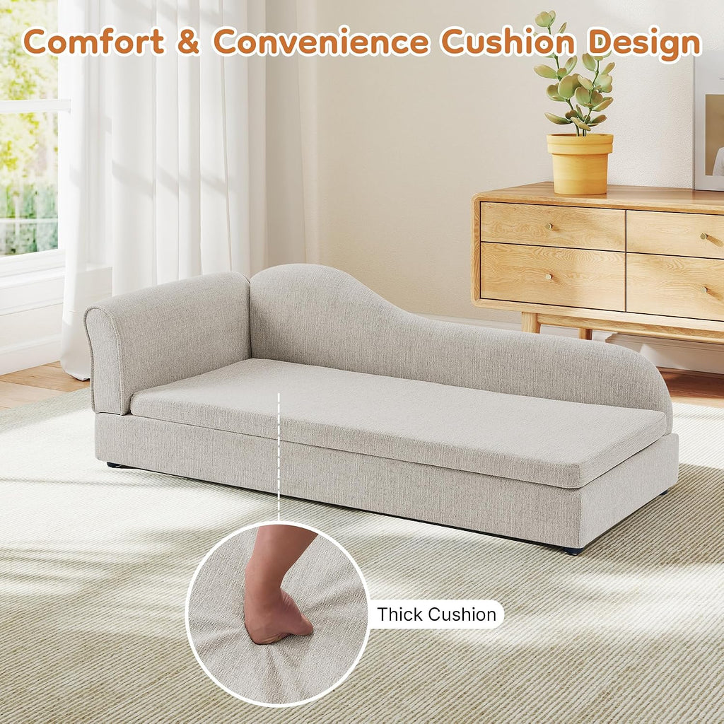 Dog Couch for Medium and Large Dogs, 55 X 26 X 18.5 Inch Pet Sofa Bed with Wave Backrest, Single Armrest, Breathable Linen Cushion, Low Feet, Beige