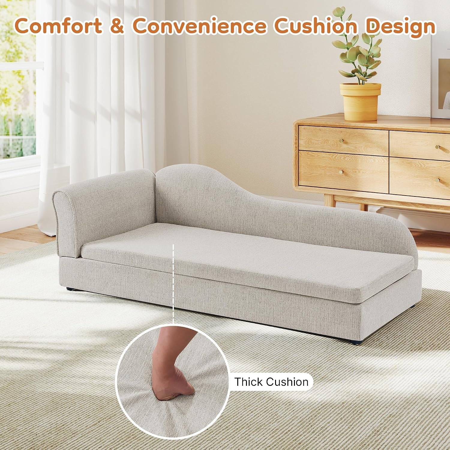 Dog Couch for Medium and Large Dogs, 55 X 26 X 18.5 Inch Pet Sofa Bed with Wave Backrest, Single Armrest, Breathable Linen Cushion, Low Feet, Beige
