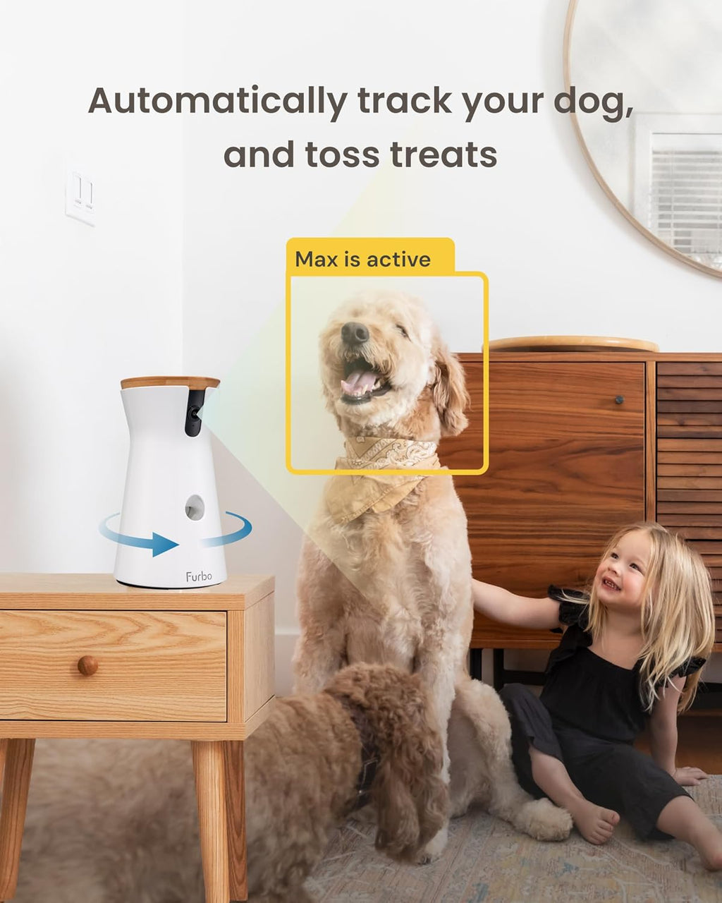 360° Dog Camera: Basic See, Talk & Toss Features, No AI Alerts, No Subscription Required, Pet Security Cam W/Barking Alerts, Rotating View, Treat Toss, 2-Way Audio, Smart Home Puppy Monitoring