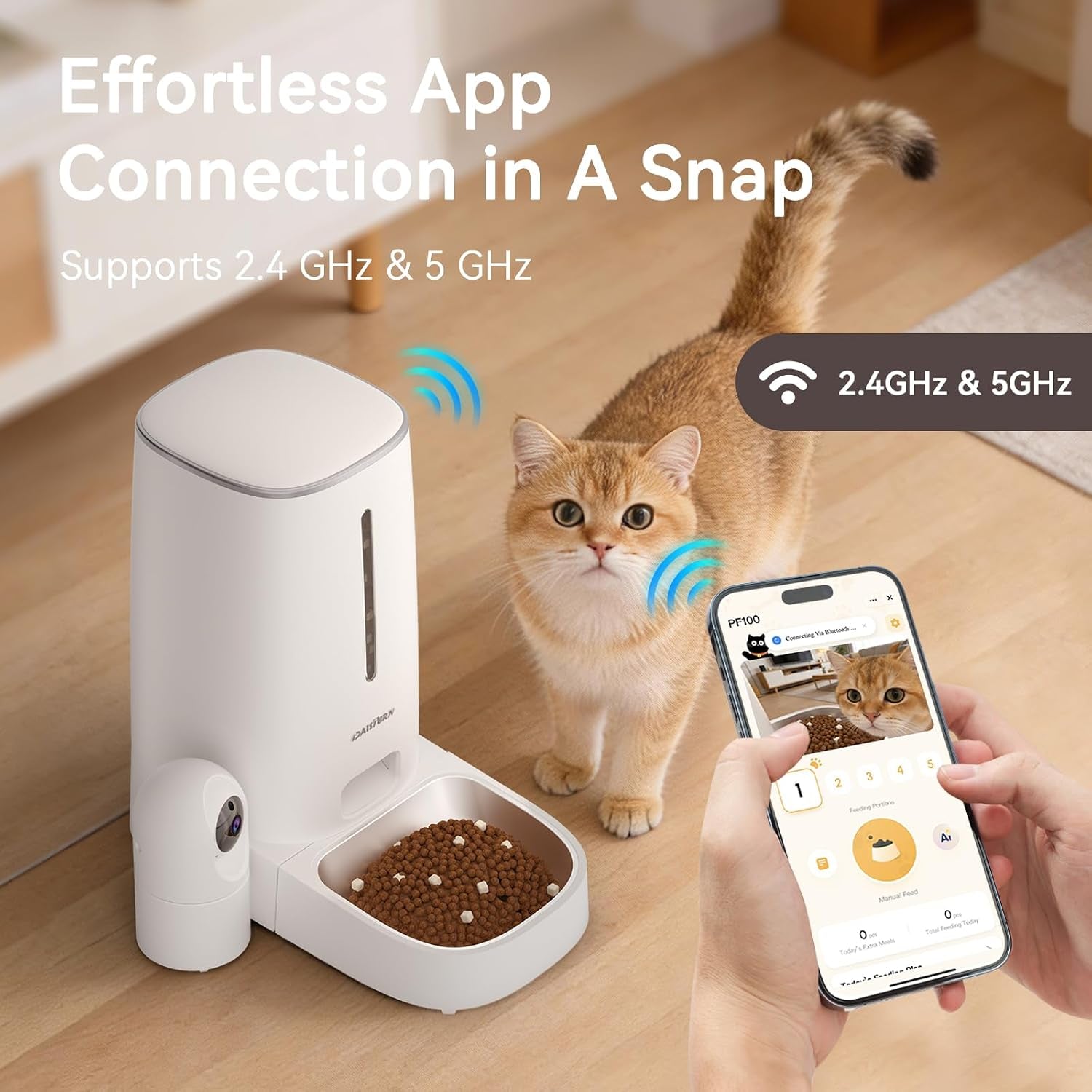 Automatic Cat Dog Feeder with Camera 4L, 2.4G/5G Wifi Smart Pet Food Dispenser with Night Vision, 2-Way Audio, Meat Call and Motion Alert, Stainless Steel Bowl, Dual Power Support, AI Feature