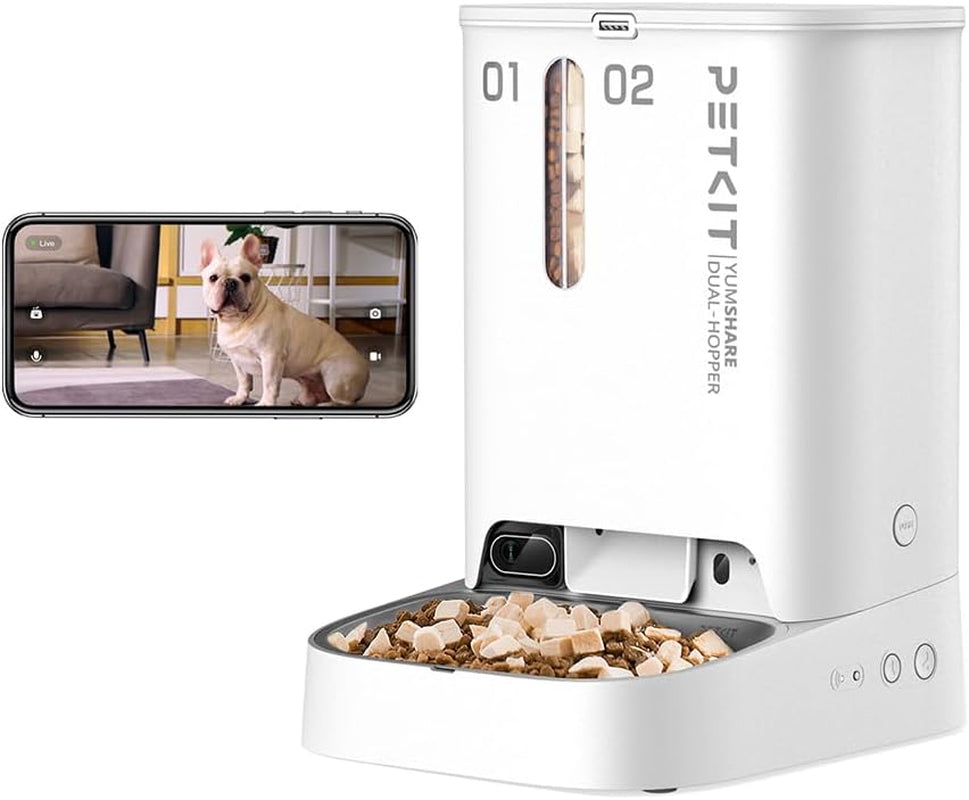 YUMSHARE DUAL-HOPPER Automatic Pet Feeder and EVERSWEET 3 PRO Cat Dog Water Fountain,1080P HD Camera Cat Dog Feeder Food Dispenser+Stainless Steel Wireless Pump Water Fountain,Smart App Control