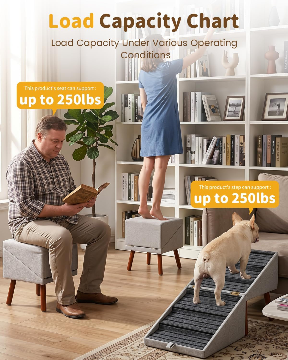 2-In-1 Foldable Ottoman Dog Ramp for Couch(6-Steps) | Convertible Folding Dog Stairs for Couch and Bed,Non-Slip Wooden Pet Stairs for Puppy Senior Injured Dogs