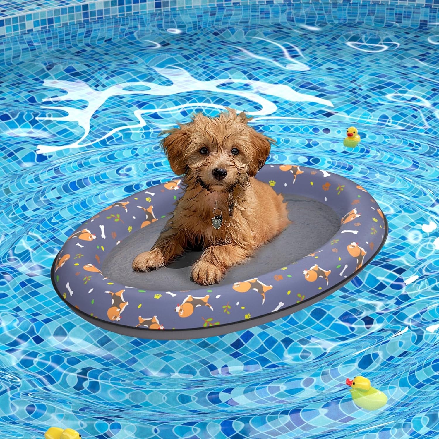 Dog Float Raft - Inflatable Dog Swimming Float for Summer (Small, Yellow Bones)