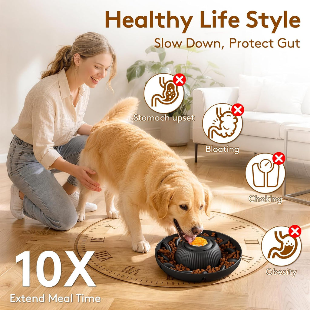Slow Feeder Dog Bowls 2 in 1 Liquid Treat Dog Lick Mat Cat Bowl – anti Slip 5‑Cup Large Capacity Liquid and Kibble Food Treat Dispenser for Slowing down Eating for Large Medium Small Dogs (Black)