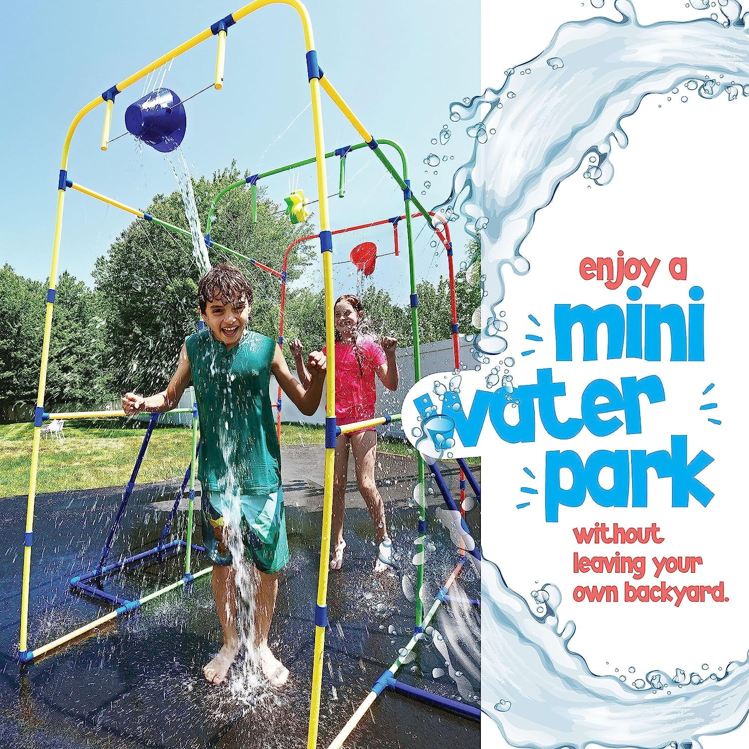 Backyard Waterpark Sprinkler 77" Water Toy for Kids, Outdoor Fun Water Play with Dump Buckets for a Family Splash Wheel Water Toys for Backyard