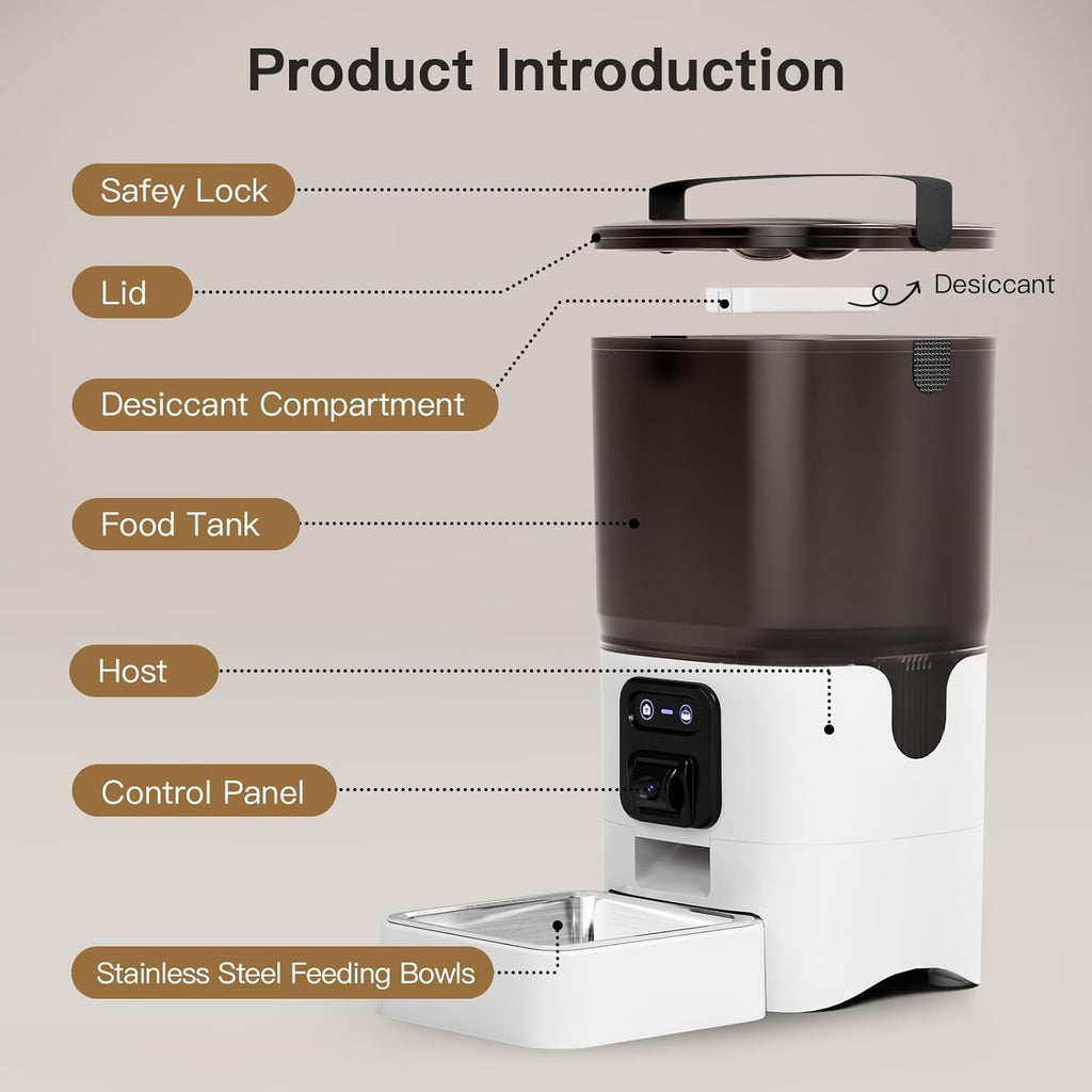 6L Automatic Cat Feeder with Camera, 1080P HD Camera Live Video, Night Vision 2-Way Audio, Wifi & App Remote Control, Programmable Pet Feeder, Smart Timed Dry Food Dispenser for Cat & Dog