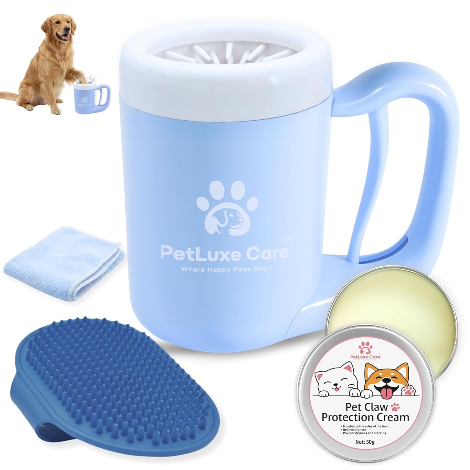 Dog Paw Cleaner, Paw Washer Cup with Soft Silicone Bristles, Portable Dog Foot Washer, 4-In-1 Paw Cleaner Kit with Paw Balm, Microfiber Towel & Grooming Brush (Pink Small)