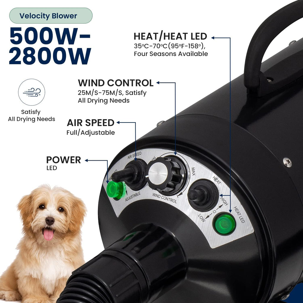 Professional 4.5HP Dog Dryer Blower High Velocity, 110V | 500W-2800W, Ultra Quiet, Adjustable Hot Cold Airflow and Windspeed , for Drying Deshedding, with 4 Nozzles and Slicker Brush
