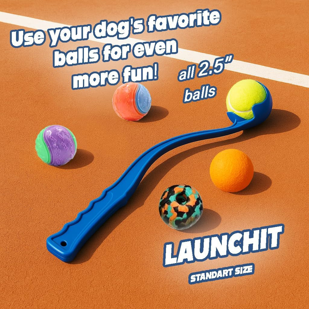 Dog Ball Launcher, Tennis Ball Thrower, Compact Design 13.8" Stick with Medium 2.5" Ball (Blue)