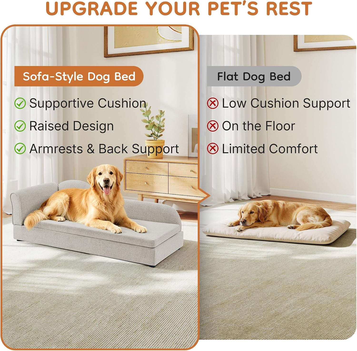 Dog Couch for Medium and Large Dogs, 55 X 26 X 18.5 Inch Pet Sofa Bed with Wave Backrest, Single Armrest, Breathable Linen Cushion, Low Feet, Beige