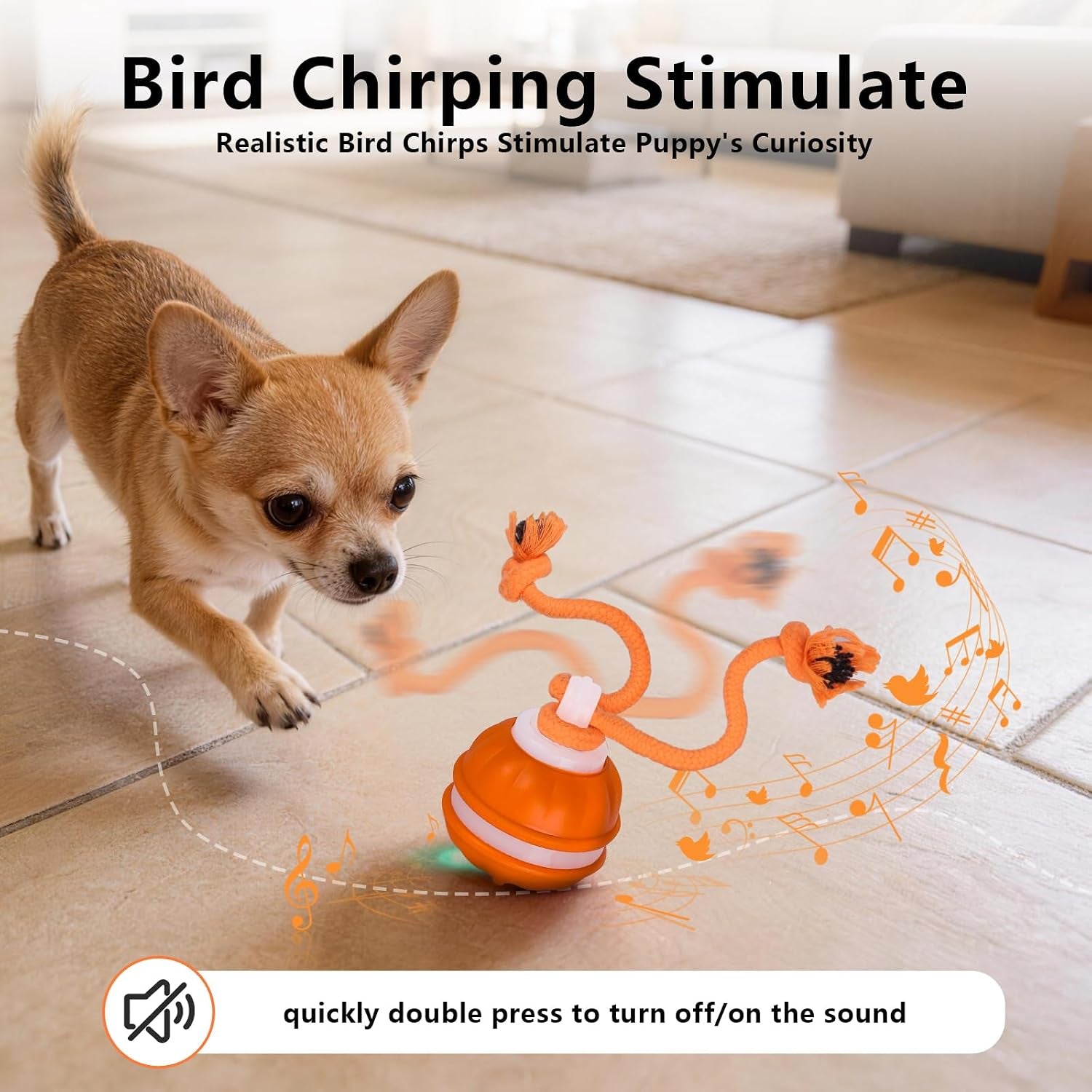 Interactive Dog Toys Ball, 3 Modes & Powerful Motor, Random Movement & Swinging Rope, Bird Chirping Stimulate, USB C Rechargeable for Small Medium Dogs for Boredom, Anxiety Relief