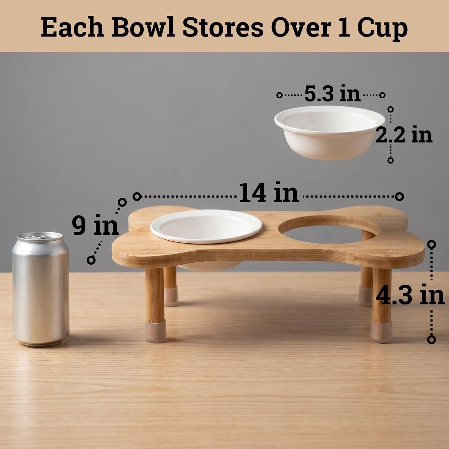 Elevated Dog Bowls for Small Dogs, Set of 2 Ceramic Dog Bowls with Stand | Screw-In Bamboo Legs, Pre-Drilled Holes, Anti-Slip Bamboo Stand, Easy to Assemble, Set of 2 Dog Bowls for Dogs up to 20 Lbs