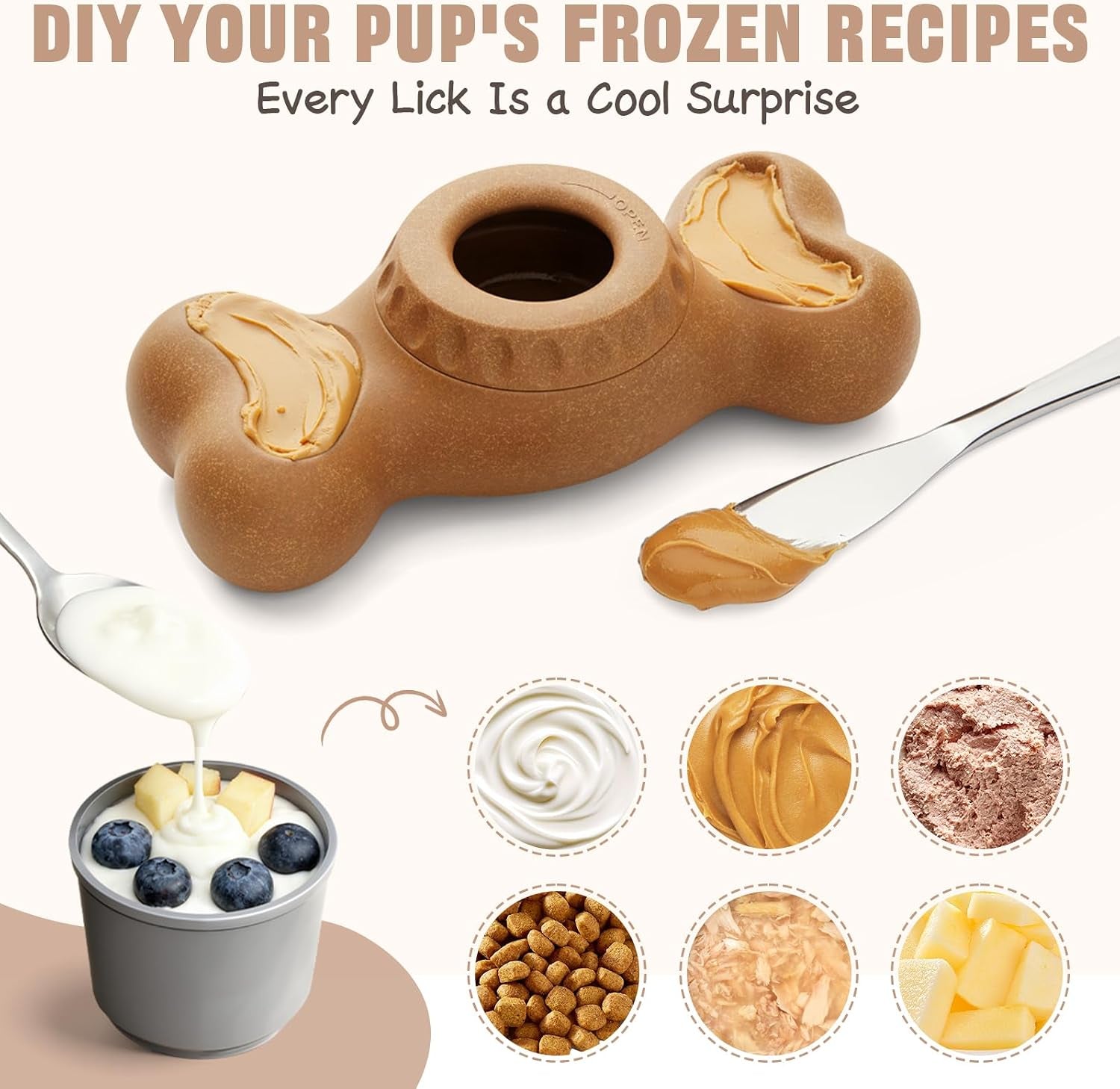 3-In-1 Enrichment Dog Toy for Aggressive Chewers, Frozen Treat Toy & Interactive Treat Dispenser with Peanut Butter Grooves, Long Lasting Chew Toy for Large Dogs, Easy to Clean, Brown