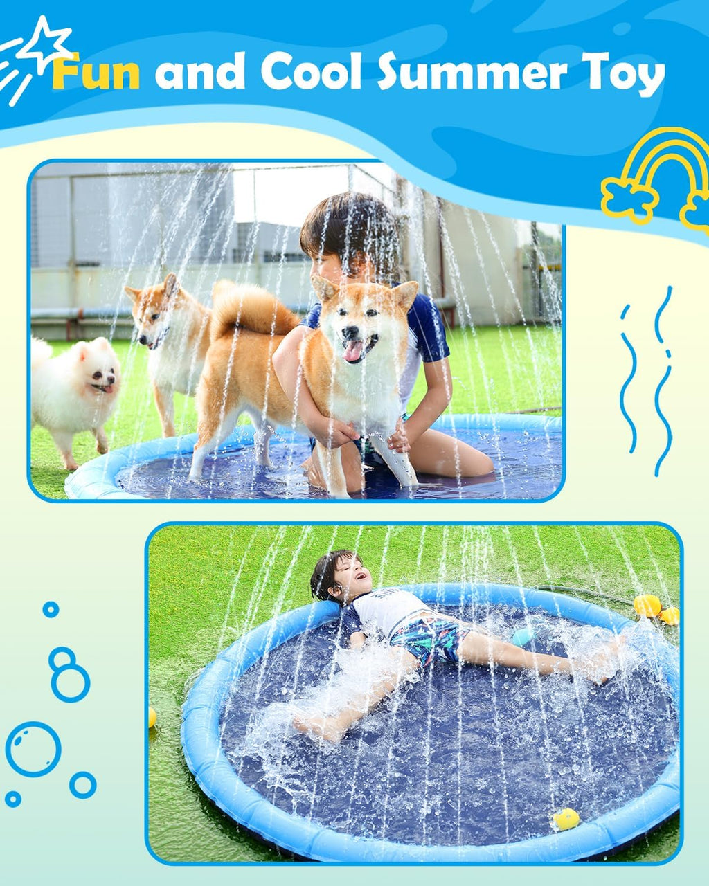 Dog Splash Pad 59" Anti-Slip Dog Pools for Large Dogs 0.58 Mm Thick Dog Sprinkler Water Toy