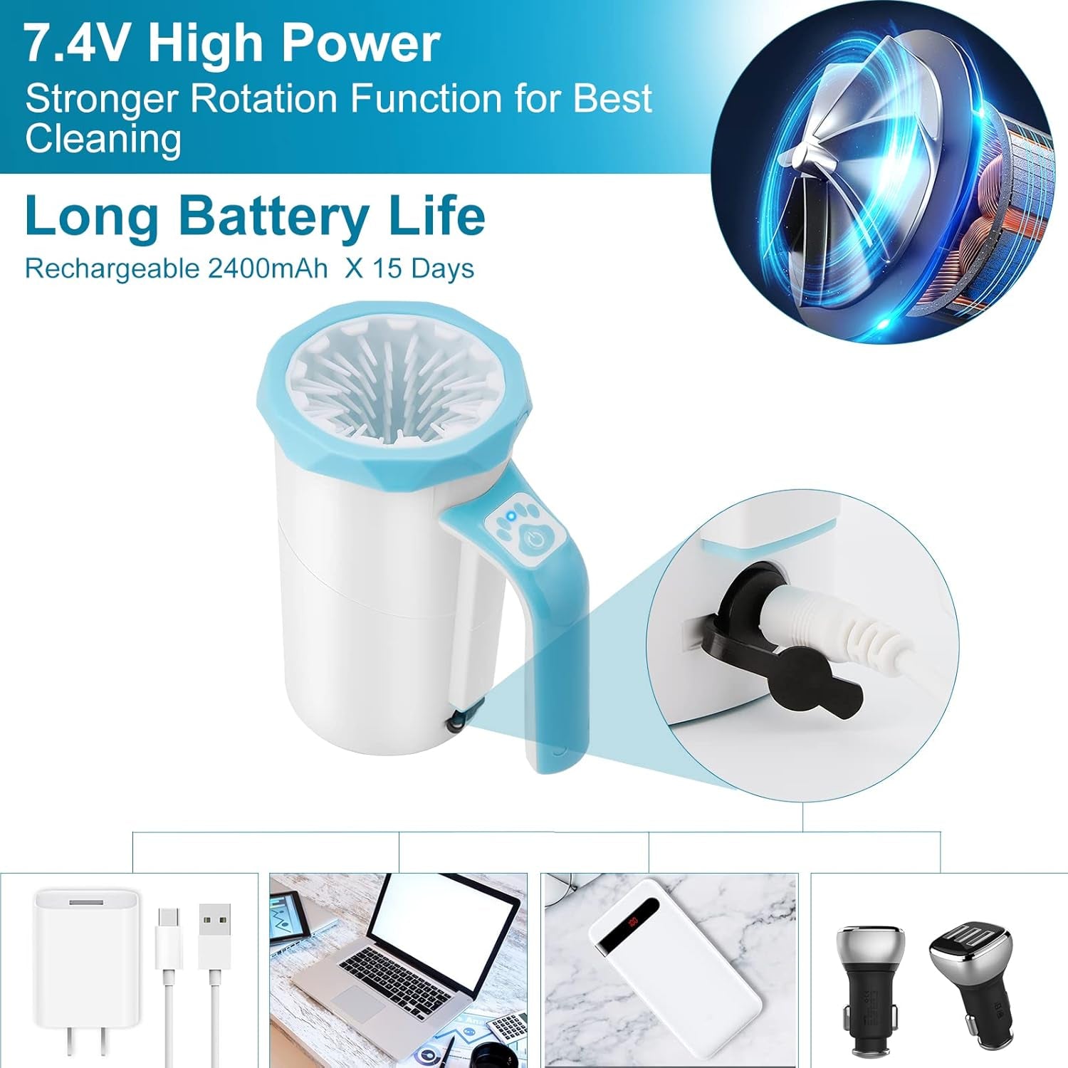 Rechargeable Automatic Dog Paw Cleaner, 2 in 1 Dog Paw Washer Cup | Portable Pet Paw Cleaner with Soft Silicone Brush, 7.4V High Power, Dog Foot Washer Suitable for Big Dog/Cat Grooming, Blue