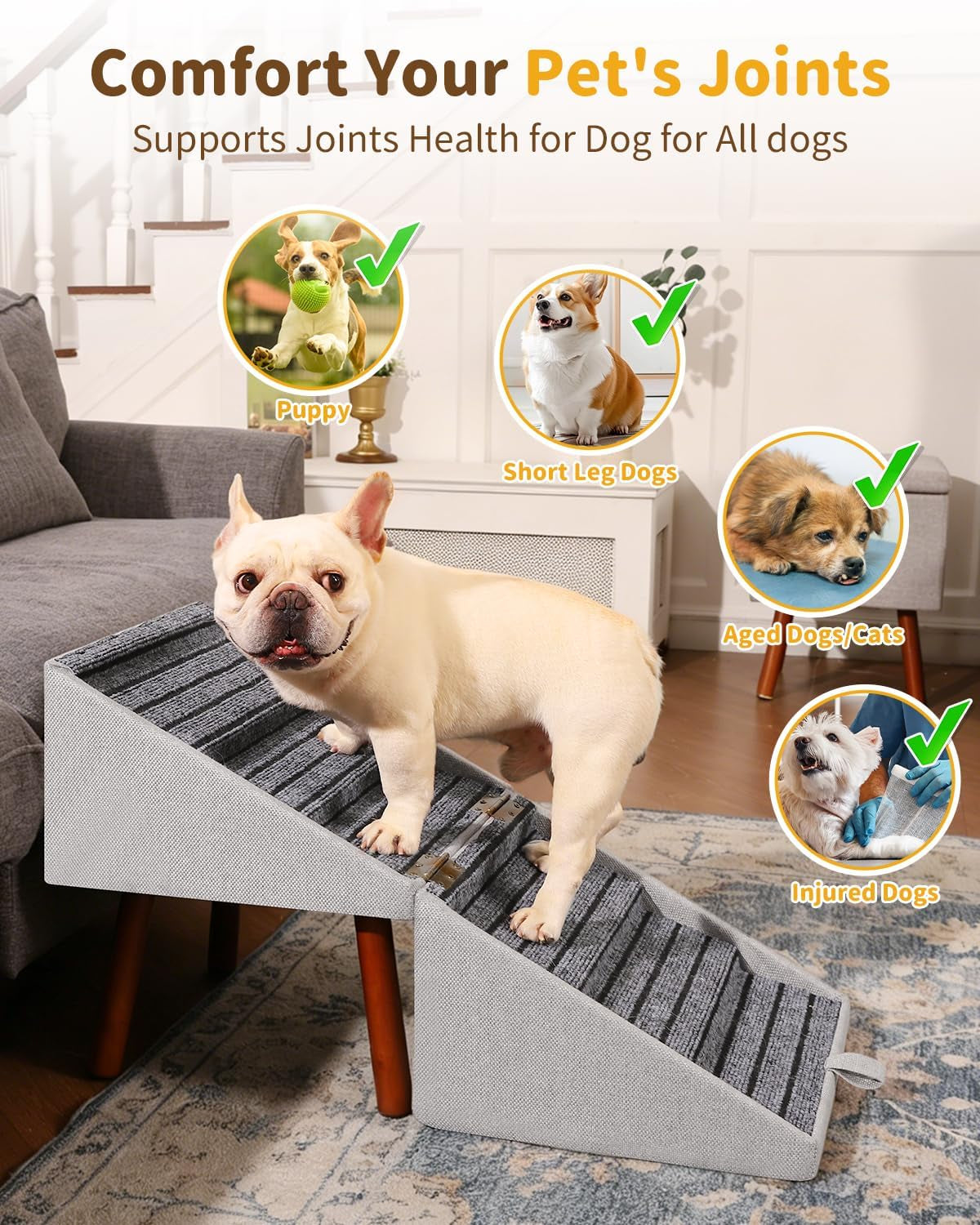 2-In-1 Foldable Ottoman Dog Ramp for Couch(6-Steps) | Convertible Folding Dog Stairs for Couch and Bed,Non-Slip Wooden Pet Stairs for Puppy Senior Injured Dogs