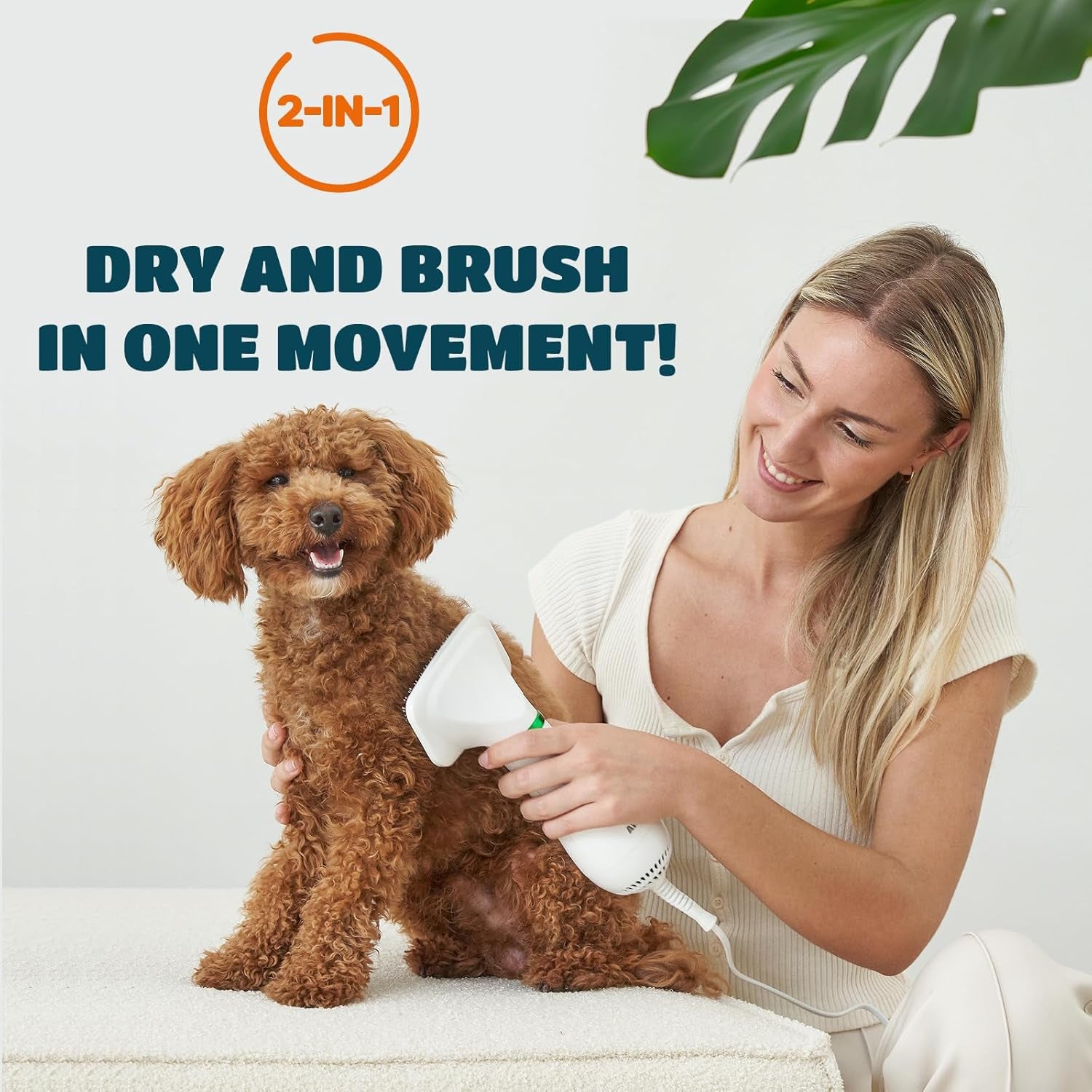 2-In-1 Dog Hair Dryer with Brush for Small Dogs and Cats, Pet Blow Dryer | Pet Grooming Dryer, Dry & Brush in One, 300 Watts, 75-85 Db, Adjustable Temperature, Overheat Protection, Portable