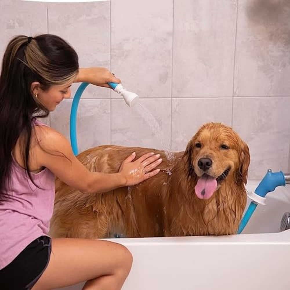 Slip-On Bathtub Faucet Sprayer Attachment. Ultra-Flex Dog Shower Hose Adapter Portable Hose Attachment with Sprayer Pet Showerhead Attach Tub Spout 5 Foot Hose. No Install for Speedy Washing