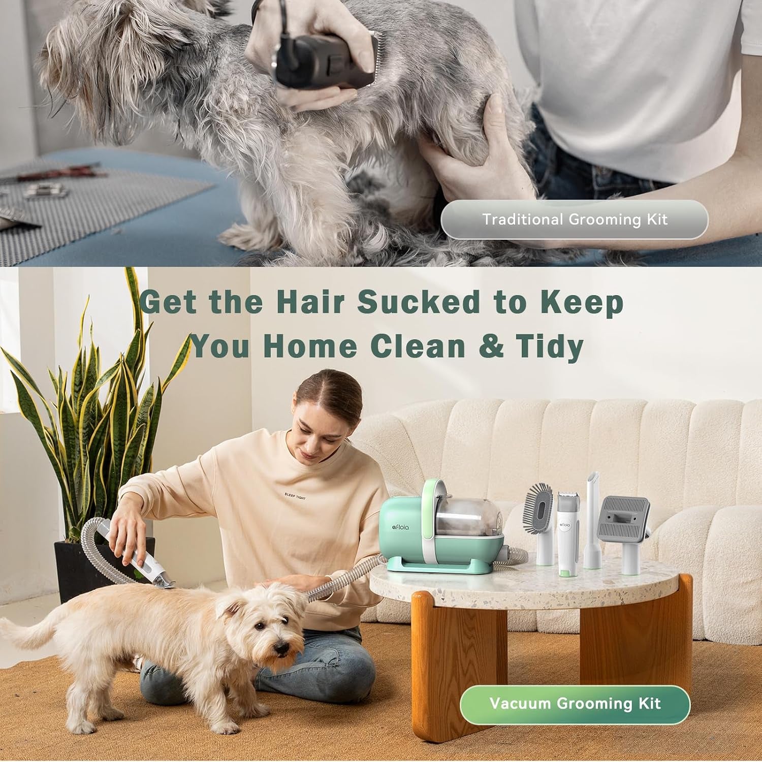 6-In-1 Dog Grooming Vacuum Kit, Pet Clipper & Nail Grinder, Green | All-In-One Grooming Covers Brushing, Clipping, Trimming and Nail Care, 1.5L Dust Cup, 3 Suction Levels, Low-Noise Comfort